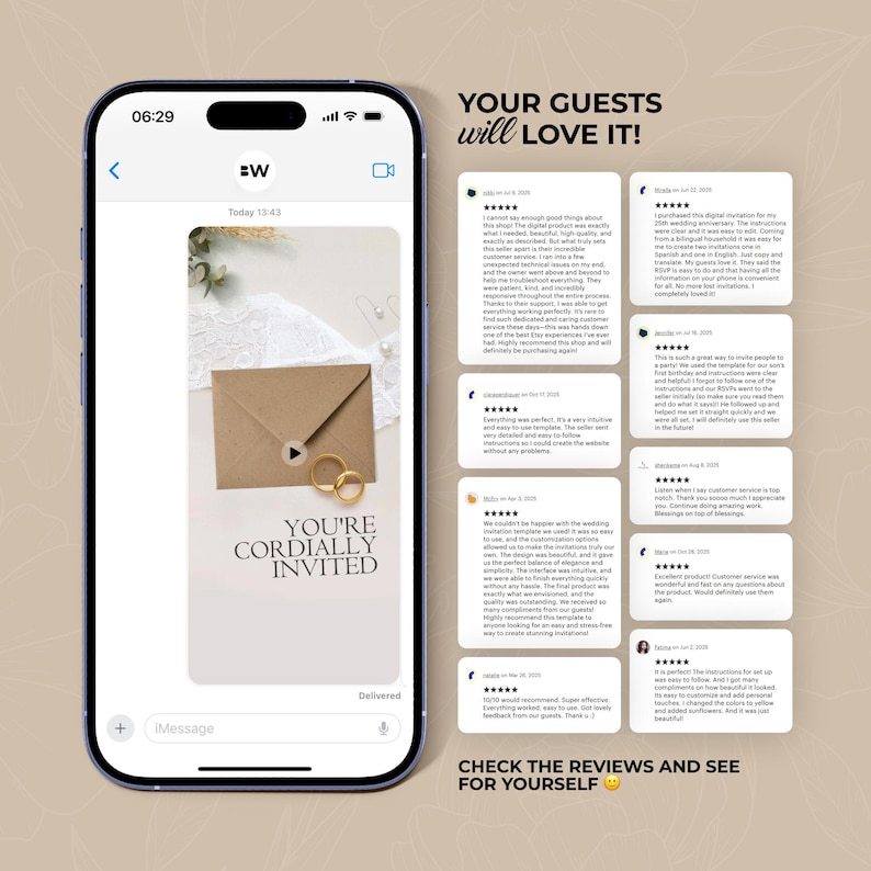 Op de afbeelding: Een smartphone toont een trouwkaartontwerp met gouden ringen en een bruine envelop. De tekst "YOU'RE CORDIALLY INVITED" is zichtbaar. De achtergrond bevat klantbeoordelingen en de zin "YOUR GUESTS will LOVE IT!"
