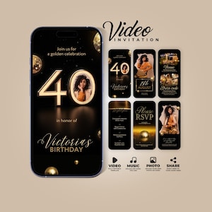 Black & Gold 40th Birthday Video Invitation, Animated Canva Template, Digital Invite, Instant Download