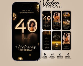 Invito video per il 40° compleanno in nero e oro, modello Canva animato, invito digitale, download immediato