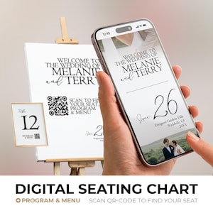 Puede incluir: Un plano de asientos digital para una boda con un código QR para escanear el programa y el menú. El plano se muestra en un teléfono inteligente con fondo blanco y texto negro. El texto dice "Bienvenido a la boda de Melanie y Terry" y "26 de junio Evergreen Gardens Villa Weddville, CA 20XX".