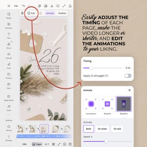 Op de afbeelding: Schermafbeelding van een interface van een ontwerp-app. Het scherm toont een ontwerp van een huwelijksuitnodiging met de datum "26" prominent weergegeven. De tekst op het scherm luidt: "Pas eenvoudig de timing van elke pagina aan, maak de video langer of korter en bewerk de animaties naar wens."
