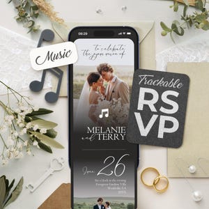Elegant Black Digital Wedding Invitation: Music, Countdown, Trackable RSVP, Map, Save the Date (Canva Website Template) BW016