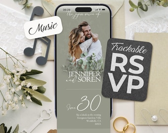 Digital Sage Green Wedding Invitation Website with Countdown, Music, RSVP Tracker, Map and Save the Date, Eucalyptus Invite (Canva Template)