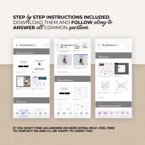 Op de afbeelding: Een afbeelding met drie smartphoneschermen met stapsgewijze instructies. De schermen tonen instructies voor het openen van een sjabloon, het bewerken van tekst, het bewerken van een RSVP-formulier en het bewerken van een kaart. De tekst bovenaan luidt "STEP by STEP INSTRUCTIONS INCLUDED."