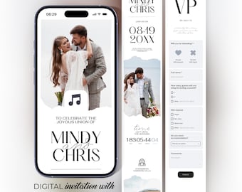 Komplettes Website-Template für Hochzeitseinladungen mit RSVP-Karte, Musik und Wunschliste