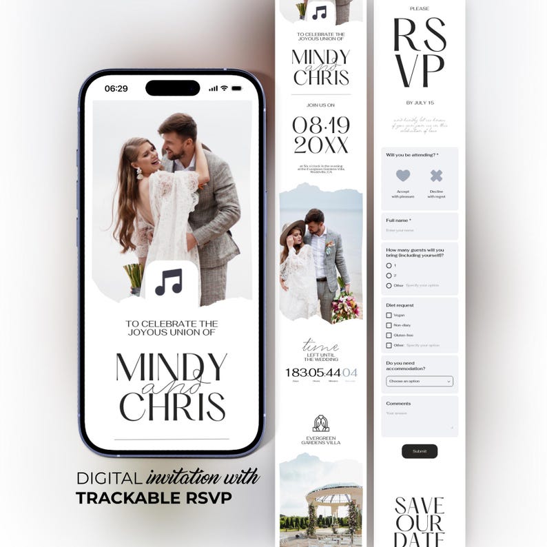 All in One Wedding Invitation Website Template with RSVP Map Music and Registry, Fully Editable image 1