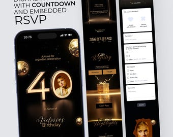 Black & Gold 40th Birthday WEB Invitation, Embedded RSVP and Countdown, Gift Registry, Elegant Announcement, Digital Evite Canva Template