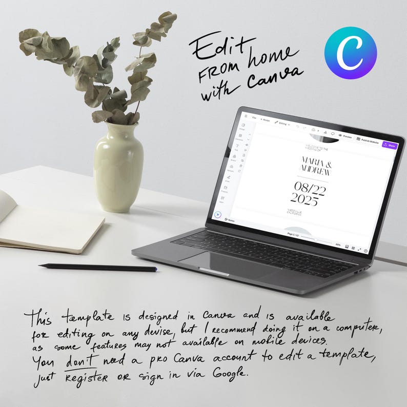 Op de afbeelding: Een laptop toont een sjabloon voor een huwelijksuitnodiging met de namen "Maria & Andrew" en de datum "08/22/2025." De tekst "Edit from home with Canva" staat op het witte oppervlak. Een vaas met groen, een notitieboek en een potlood staan ook op de tafel.