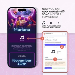 May include: A smartphone screen displays a digital invitation for Mariana's celebration, featuring a musical note icon and the text "November 10th." The invitation includes a music player interface with play/pause controls and the option to add a favorite song.