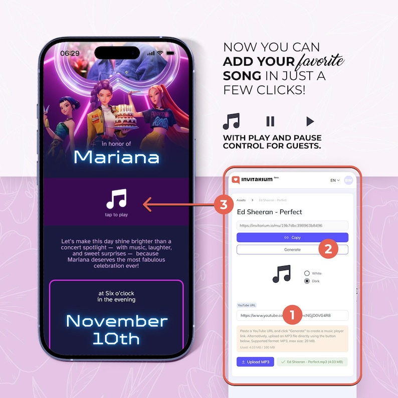 May include: A smartphone screen displays a digital invitation for Mariana's celebration, featuring a musical note icon and the text "November 10th." The invitation includes a music player interface with play/pause controls and the option to add a favorite song.