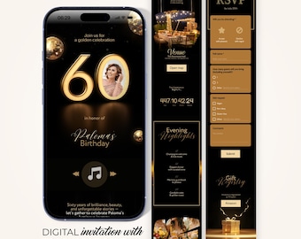 Golden 60th Birthday Website with Countdown and Embedded RSVP, Black Gold Disco Ball Theme, Editable Canva Template