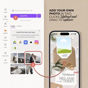 Op de afbeelding: Een smartphone toont een ontwerp voor een huwelijksuitnodiging met gouden ringen en de namen Melanie en Terry. Het scherm laat zien hoe je in twee klikken een foto kunt uploaden. De ontwerpinterface bevat een optie om foto's te uploaden.