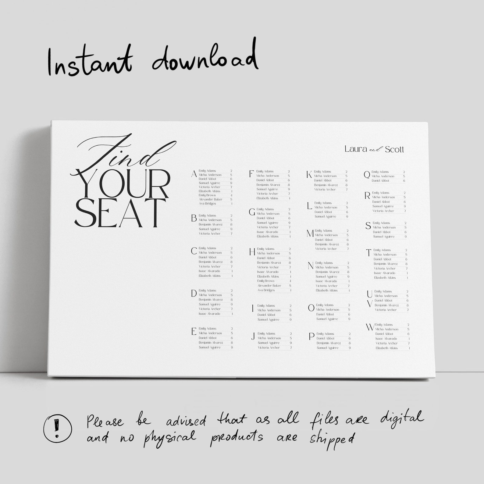 Alphabetical Seating Chart Canva Template, Horizontal Wedding Seating ...