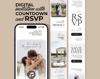 Digital Wedding Website Invitation: Trackable RSVP, Music, Live Countdown, Save the Date, Map, Online Invite (Fully Editable Canva Template)