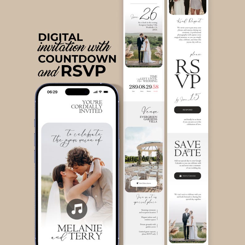 Digital Wedding Website Invitation: Trackable RSVP, Music, Live Countdown, Save the Date, Map, Online Invite (Fully Editable Canva Template) zdjęcie 1