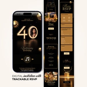 40th Birthday WEB Invitation with Music, Embedded RSVP, Live Countdown, Gift Registry, Black & Gold Digital Invite Canva Template
