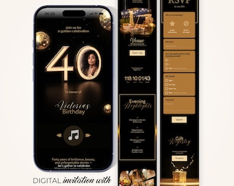 40th Birthday WEB Invitation with Music, Embedded RSVP, Live Countdown, Gift Registry, Black & Gold Digital Invite Canva Template