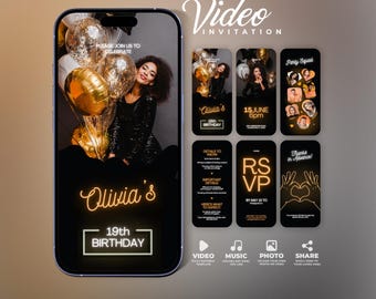 Birthday Video Invitation: Golden Light Animated Canva Template with RSVP and Details (Instant Download)