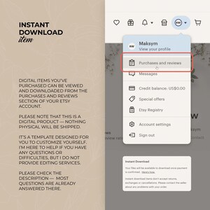 Op de afbeelding: Schermafbeelding van een Etsy-accountmenu, met "Aankopen en beoordelingen" gemarkeerd. Tekst aan de linkerkant leest "Direct downloaden item" en legt de toegang tot digitale producten uit. Het menu toont accountopties en een creditsaldo.