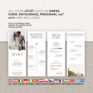 May include: A wedding details template with sections for the timeline, dress code, and entourage. The design includes a photo of a couple, a timeline, and a dress code guide. The text is fully editable and can be translated.