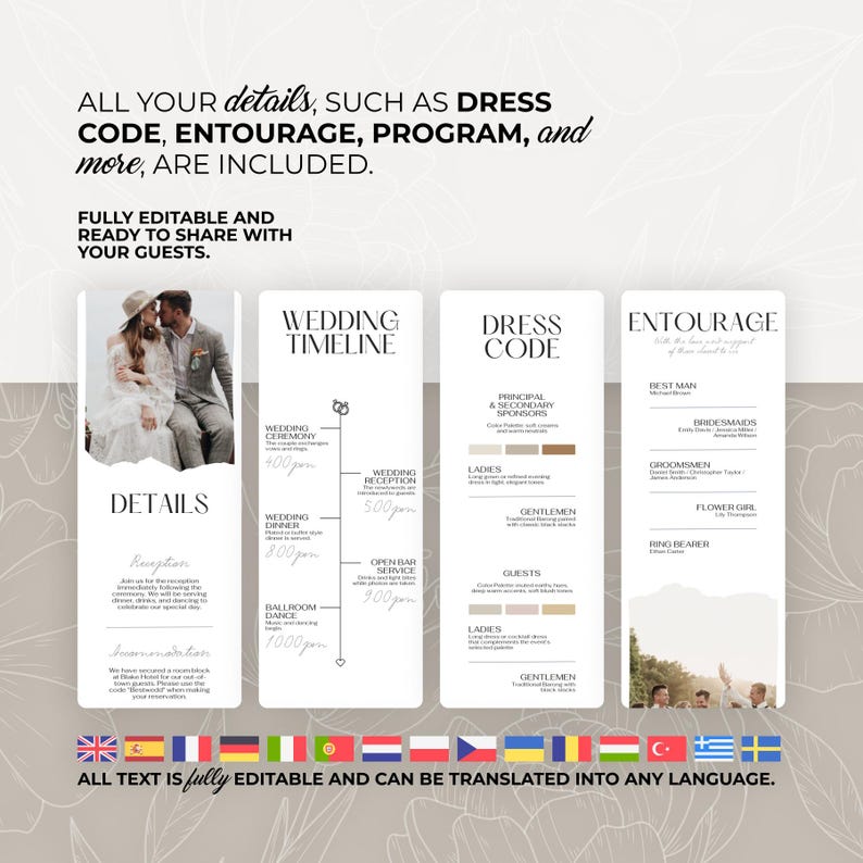 May include: A wedding details template with sections for the timeline, dress code, and entourage. The design includes a photo of a couple, a timeline, and a dress code guide. The text is fully editable and can be translated.
