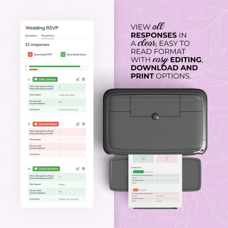 May include: A digital wedding RSVP form displayed on a tablet, with a printer and printed RSVP form. The text reads: "VIEW all RESPONSES IN A clear, EASY TO READ FORMAT WITH easy EDITING, DOWNLOAD AND PRINT OPTIONS."