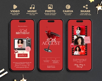 Red 30th Birthday Video Invitation: Animated Canva Template (Digital Download)