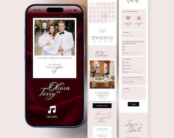 Burgundy Wedding Invitation Website: RSVP, Music, Countdown (Digital Canva Template)