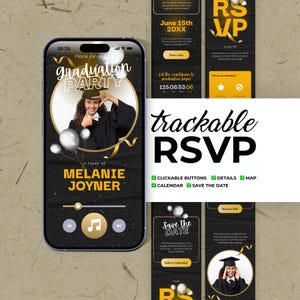 May include: A smartphone screen displays a graduation party invitation. The design features a photo of a graduate, gold accents, and the text "graduation PARTY." Additional screens show RSVP details, a countdown timer, and a "Save the Date" option.