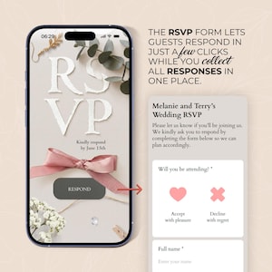 K&ouml;nnte beinhalten: Ein Smartphone-Bildschirm zeigt ein Hochzeits-RSVP-Formular. Der Bildschirm zeigt die Buchstaben "RSVP" mit einem rosa Band und dem Wort "Antworten". Der Text auf dem Bildschirm lautet "Bitte antworten bis zum 15. Juni". Das Formular fragt "Werden Sie teilnehmen?"