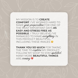 May include: A square, white graphic with text on a beige floral background. The text reads: "MY MISSION IS TO CREATE COMFORT...THANK YOU SO MUCH FOR TAKING THE TIME TO explore MY PRODUCT...MANY MORE BEAUTIFUL THINGS ARE coming ❤️."