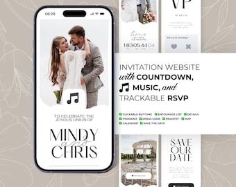 Digital Wedding Invitation: RSVP, Music, Map, Countdown, Registry, Save the Date, Details (Canva Website Template) BW025