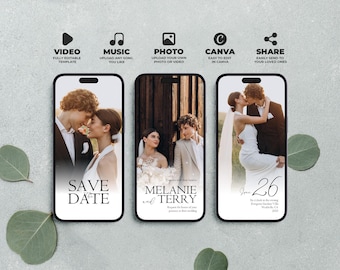 Save the Date-video: bewerkbare canvassjabloon bruiloft (geanimeerde digitale uitnodiging) BW016