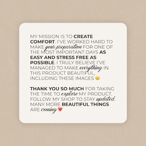 Op de afbeelding: Een vierkante, gebroken witte afbeelding met tekst. De tekst luidt: "MIJN MISSIE IS OM COMFORT TE CRE&Euml;REN...DANK U WEL VOOR DE TIJD OM MIJN PRODUCT te verkennen...VEEL MEER MOOIE DINGEN komen eraan ❤️."