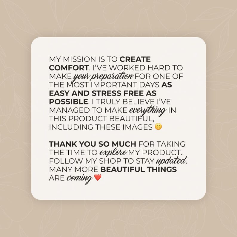 Op de afbeelding: Een vierkante, gebroken witte afbeelding met tekst. De tekst luidt: "MIJN MISSIE IS OM COMFORT TE CRE&Euml;REN...DANK U WEL VOOR DE TIJD OM MIJN PRODUCT te verkennen...VEEL MEER MOOIE DINGEN komen eraan ❤️."