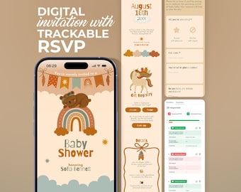 Boho Rainbow Baby Shower Invitation: Editable Digital Evite (Canva Template, Trackable RSVP & Gift Registry)