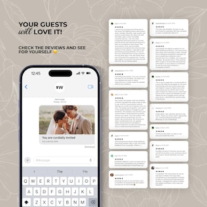 May include: A smartphone screen displays a wedding invitation message with a photo of a couple. The text "You are cordially invited" is visible. Reviews are shown on the right, with the text "YOUR GUESTS will LOVE IT! CHECK THE REVIEWS AND SEE FOR YOURSELF".