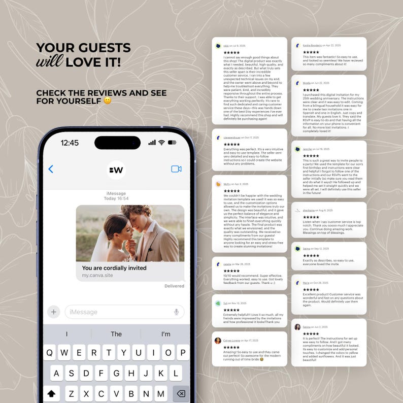 May include: A smartphone screen displays a wedding invitation message with a photo of a couple. The text "You are cordially invited" is visible. Reviews are shown on the right, with the text "YOUR GUESTS will LOVE IT! CHECK THE REVIEWS AND SEE FOR YOURSELF".
