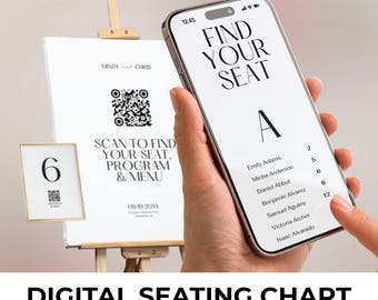 Seating Chart Website Canva Template with Program & Menu, Wedding Alphabetical Digital Seating Arrangement, Scan QR to Find Your Seat, BW025