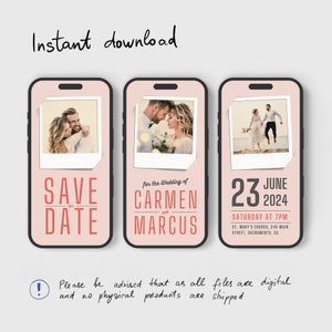 May include: Three pink smartphone mockups with a white border and a photo inside. The first mockup says "Save the Date" in red and white text. The second mockup says "For the Wedding of Carmen and Marcus" in red and white text. The third mockup says "June 23, 2024 Saturday at 7pm St. Mary's Church, 246 Main Street, Sacramento, CA" in black and white text.