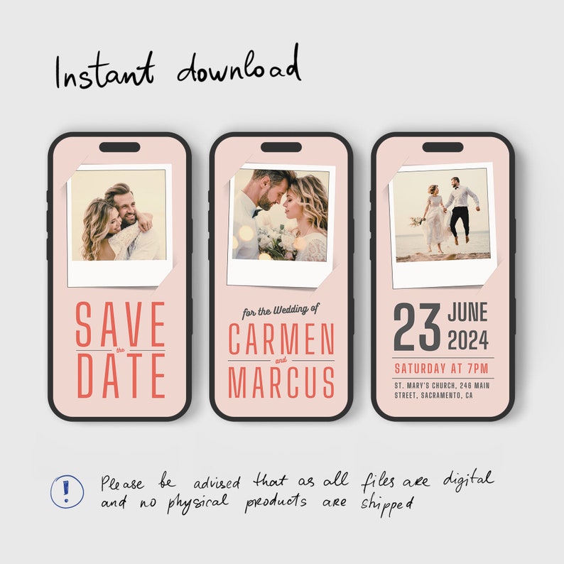 May include: Three pink smartphone mockups with a white border and a photo inside. The first mockup says "Save the Date" in red and white text. The second mockup says "For the Wedding of Carmen and Marcus" in red and white text. The third mockup says "June 23, 2024 Saturday at 7pm St. Mary's Church, 246 Main Street, Sacramento, CA" in black and white text.
