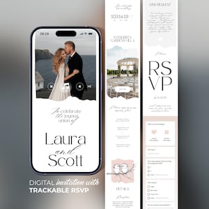 May include: A smartphone screen displaying a digital wedding invitation. The invitation features a photo of a couple, the names "Laura and Scott", and RSVP details. Text reads "Digital invitation with trackable RSVP."