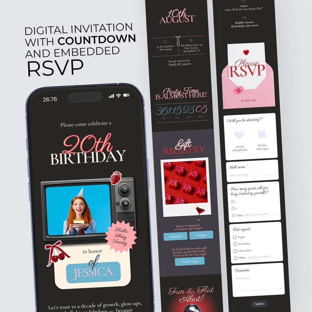 20th Birthday Web Invitation: Dark Theme, RSVP, Countdown (canva ...