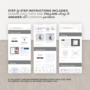 May include: A graphic showing three mobile phone screens with step-by-step instructions. The screens display instructions for opening a template, editing an RSVP form, and editing a map. Text at the top reads "STEP by STEP INSTRUCTIONS INCLUDED."