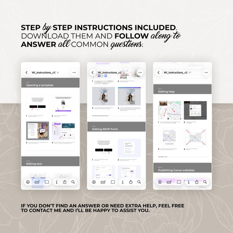 May include: A graphic showing three mobile phone screens with step-by-step instructions. The screens display instructions for opening a template, editing an RSVP form, and editing a map. Text at the top reads "STEP by STEP INSTRUCTIONS INCLUDED."