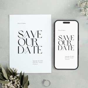 Save Our Dateカード、ミニマルでモダンなSave the DateカードCanvaテンプレート、印刷とデジタルオプション、即時ダウンロード、BW011