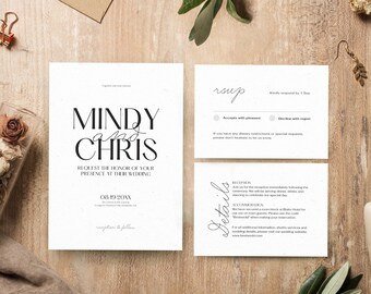 Classic Wedding Invitation Template Set, Simple Black & White Wedding Invite with Rsvp and Details, Canva Template, Instant Download, BW025