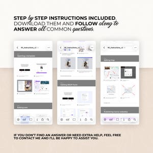 K&ouml;nnte beinhalten: Drei Smartphone-Bildschirme mit Schritt-f&uuml;r-Schritt-Anleitungen. Die Bildschirme zeigen Anweisungen zum &Ouml;ffnen einer Vorlage, Bearbeiten von Text, Bearbeiten eines RSVP-Formulars, Bearbeiten einer Karte und Ver&ouml;ffentlichen von Canva-Websites. Der Text oben lautet "STEP by STEP INSTRUCTIONS INCLUDED."