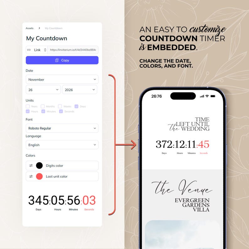 Digitale Hochzeitseinladung mit Countdown, Musik, Details und nachverfolgbarer Antwortmöglichkeit (bearbeitbare Canva-Vorlage) + Bonus Bild 5