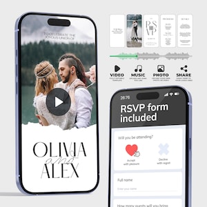 Puede incluir: Un smartphone muestra una plantilla de invitación de boda con los nombres "Olivia y Alex". El diseño incluye una foto de una pareja, un formulario RSVP y opciones para video, música, fotos y compartir. El texto dice "Para celebrar la feliz unión de."